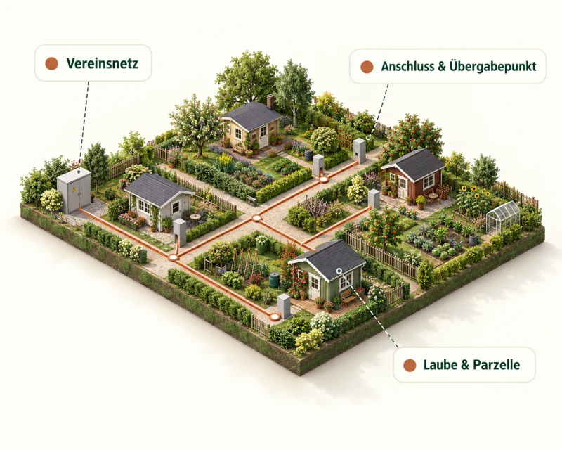 Schematische Gartenanlage mit Vereinsnetz, Anschluss und Laube